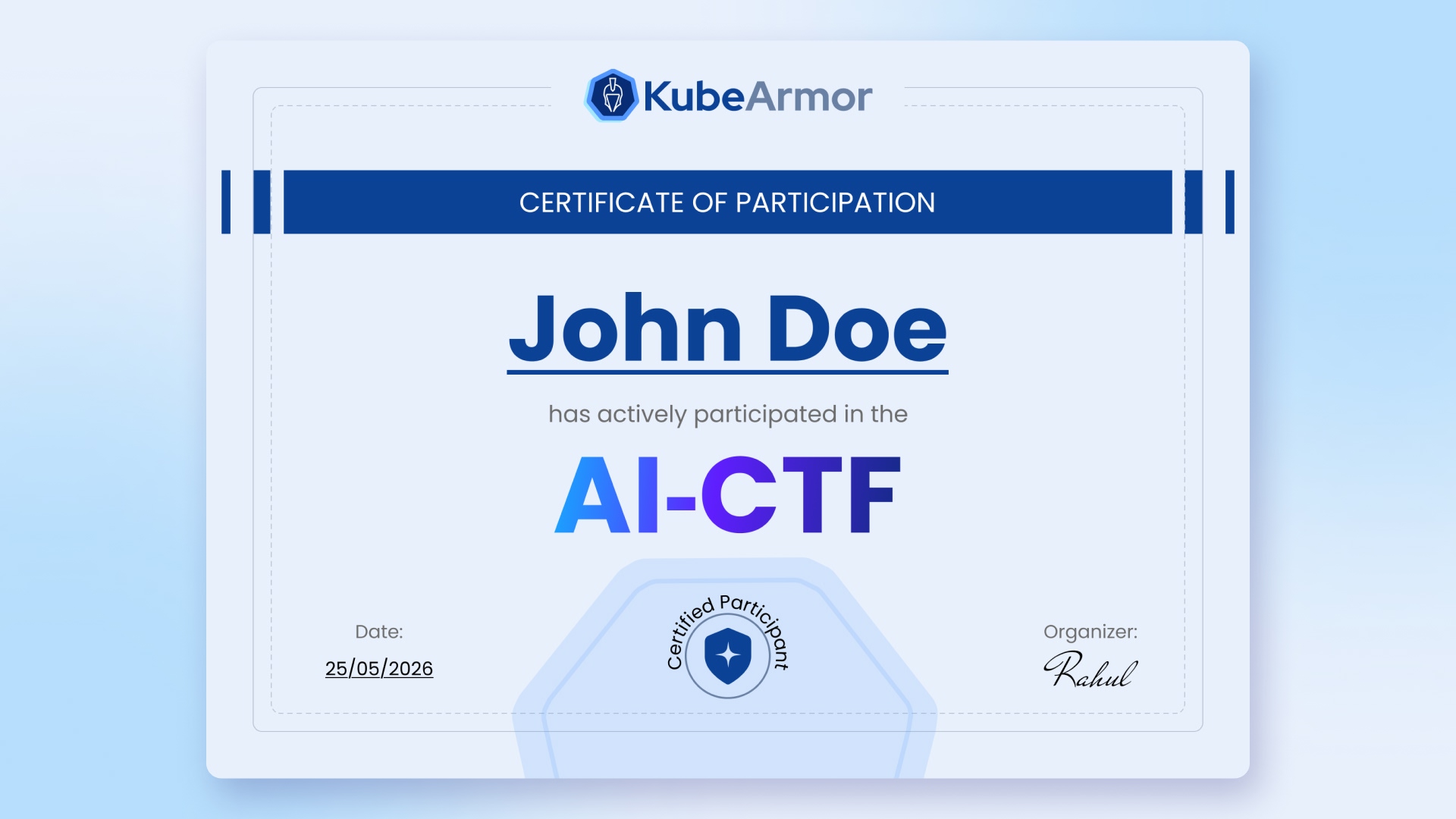 Certificate of Participation for all contestants showing name, event details, and organizer signature
